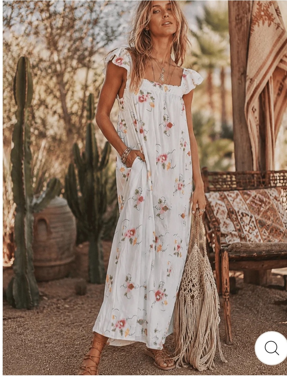 Boho NWT all summer long White Floral Maxi Dress with Flutter Sleeves S-M-L